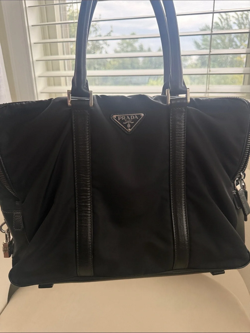 Prada Black Nylon Tote/Laptop Bag with Leather Trim